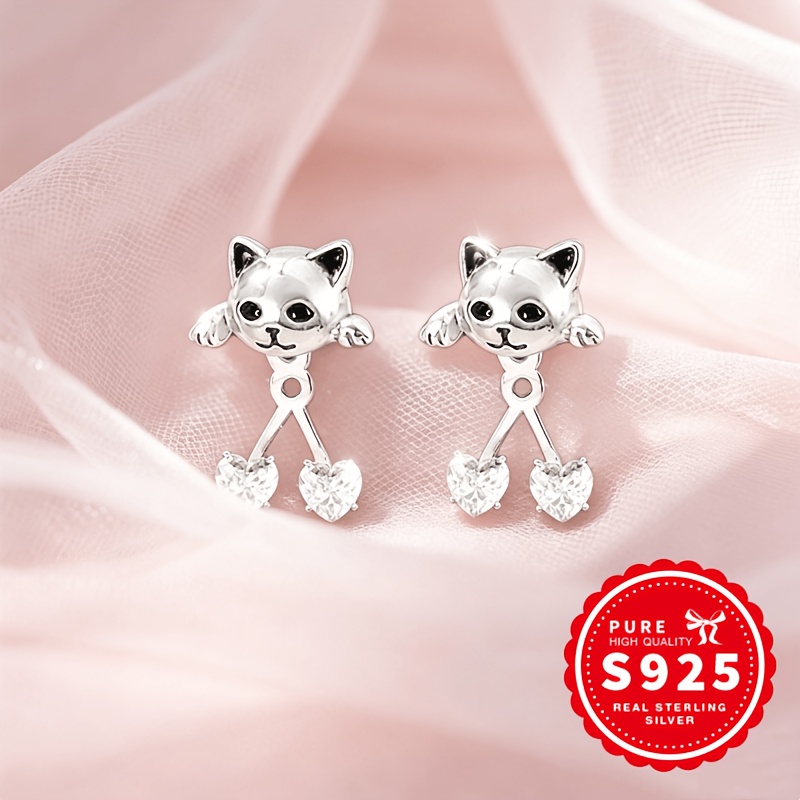 Women's S925 Sterling Silver Cat with Double Hearts Drop Earrings